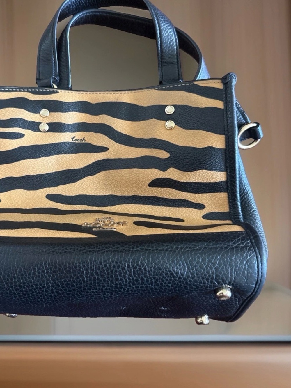 Coach Zebra-Print Leather Satchel in Black and Tan